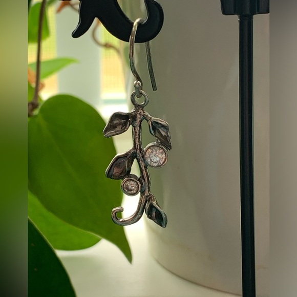 Shablool-Style Sterling CZ Israel Made Leaf Vine Dangle Earrings - Picture 4 of 12